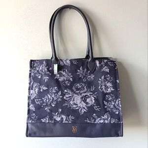NEW Victoria Secret's Floral Tote Bag, Charcoal Grey White Lilac, 15" Width